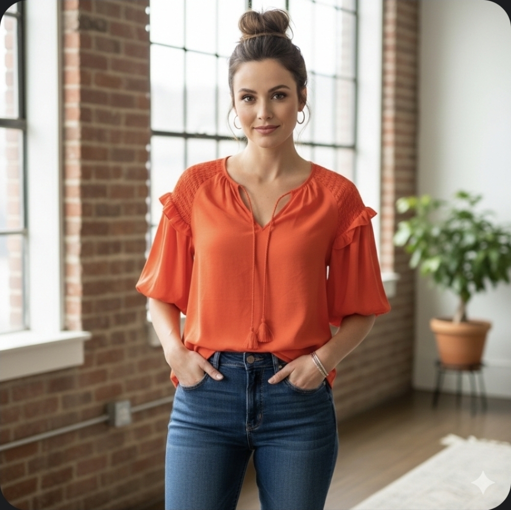 Andrew Marc Orange Puff Sleeve Blouse S NWT